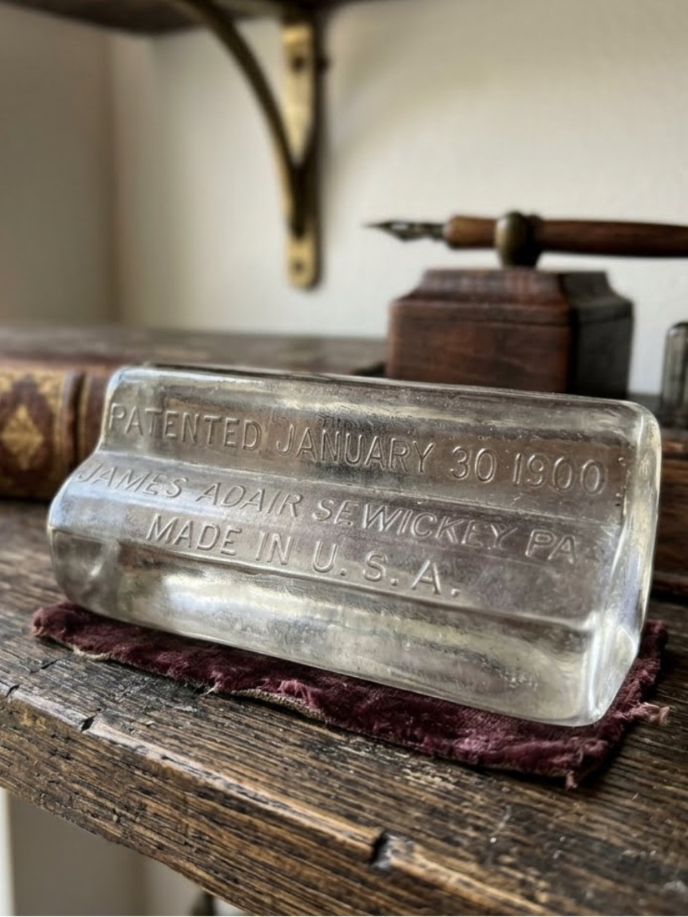 Antique Clear Glass Paperweight Embossed PATENT 1900 JAMES ADAIR Made in U.S.A.